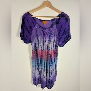 Sakkas Top Women XL Top Purple Boho Tie Die Sequins Blouse Fairy Flowy